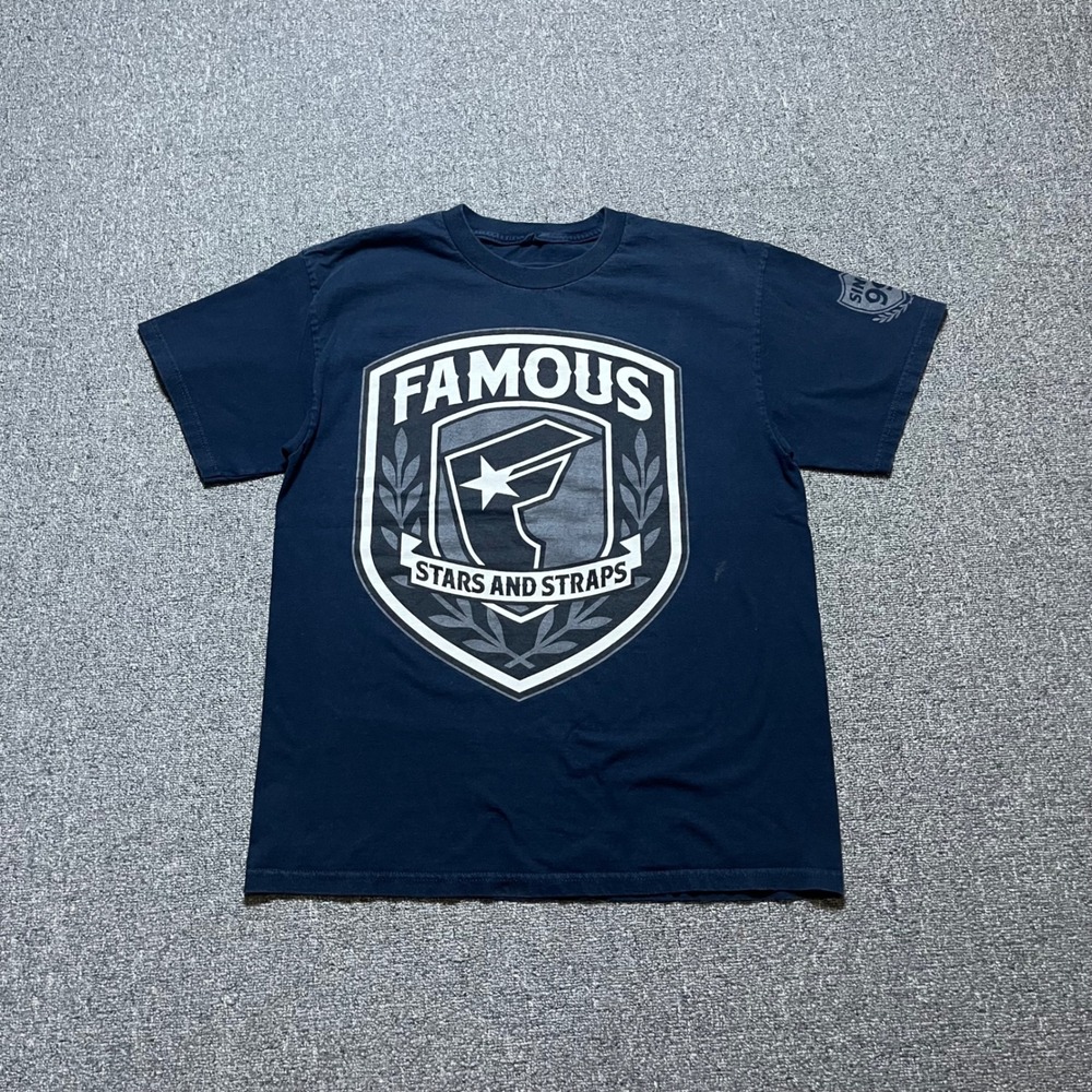 Famous Stars and Straps T-Shirt Navy Blue Shield Logo Travis Barker Y2K